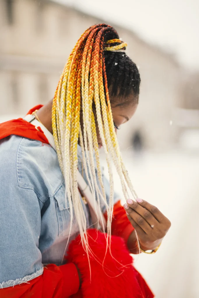 medium knotless braids with color (Red, Yellow & White)